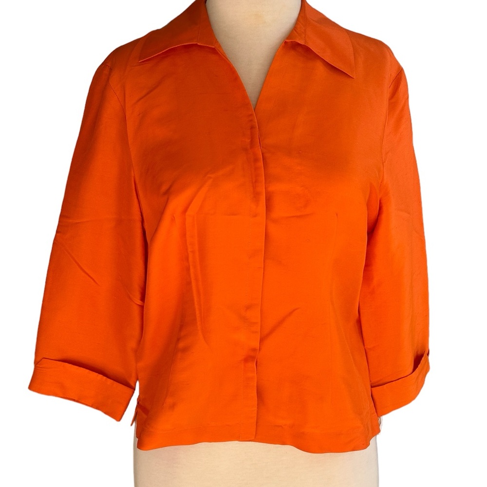 NWT Clio Orange Pure Silk Button Down 70s Blouse Size 10